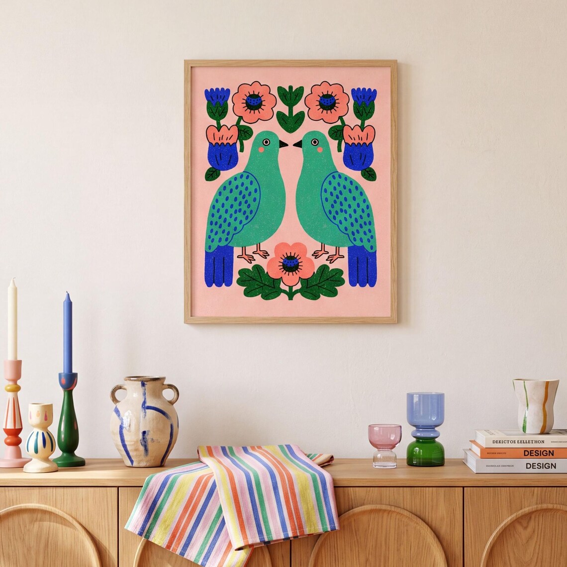 Scandinavian Folk Art Twin Doves with Bright Flowers Love Poster