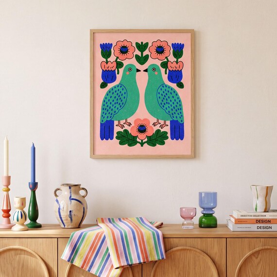 Folk Art Bird Print Symmetrical Dove Wall Scandinavian Floral Poster Colorful Illustration Digital Download
