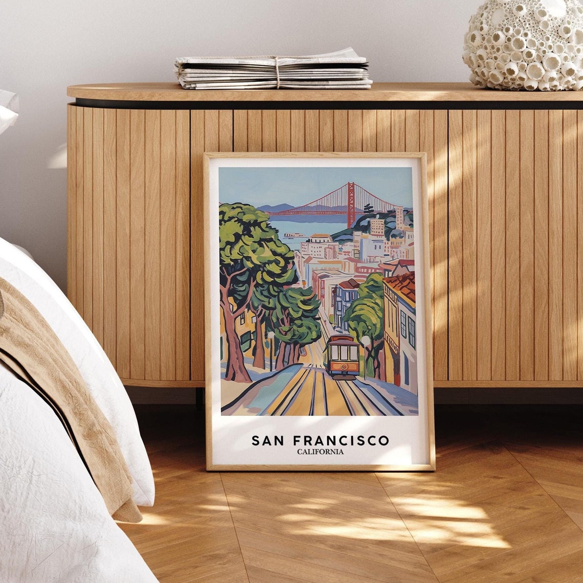 San Francisco Cable Car Golden Gate Bridge Bay View Travel Poster