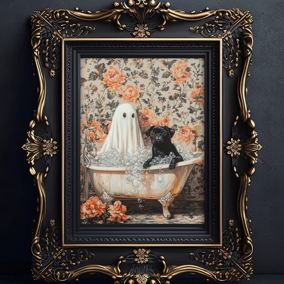 Ghost and Black Pug Bathtub Halloween Art Print