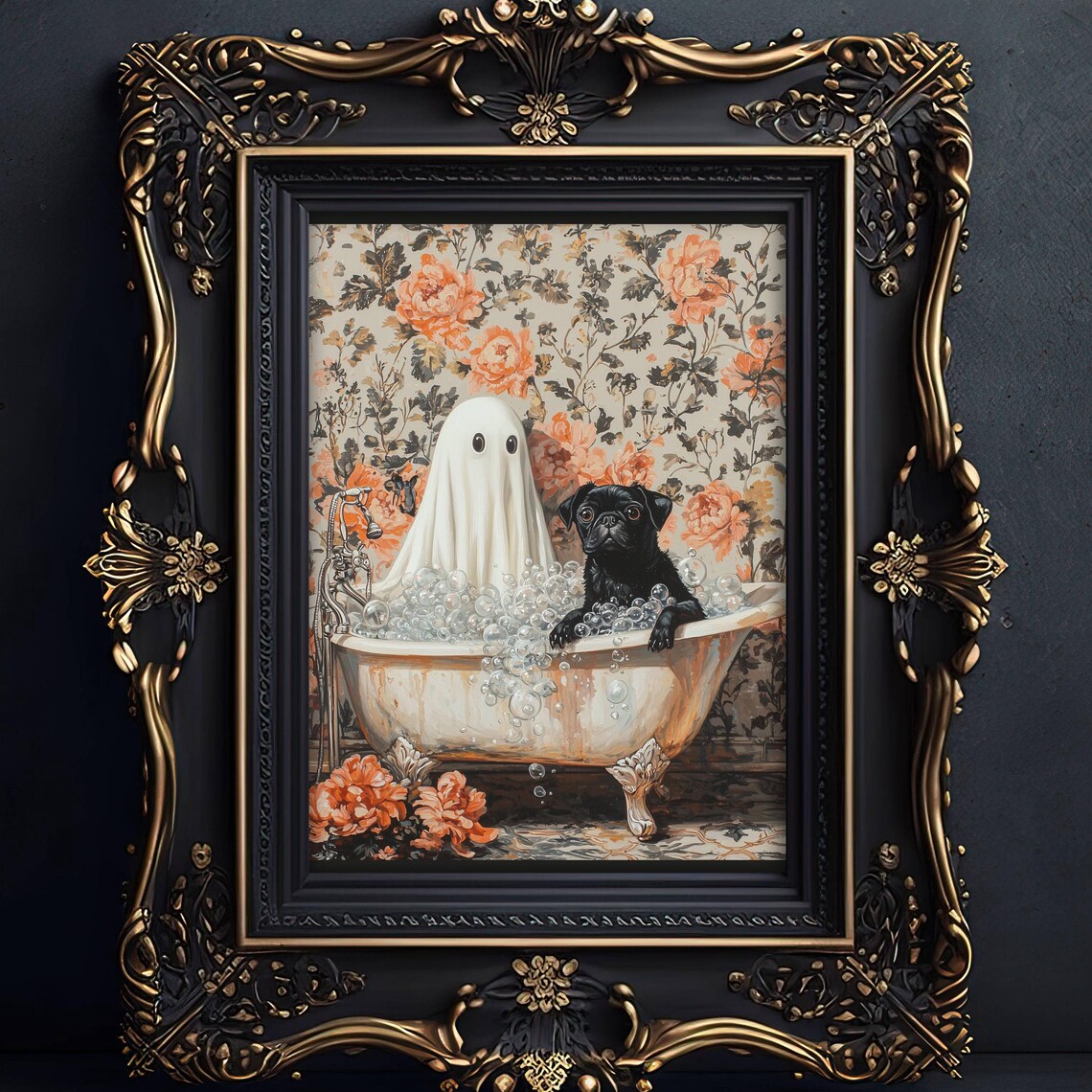 Ghost and Black Pug Bathtub Halloween Art Print