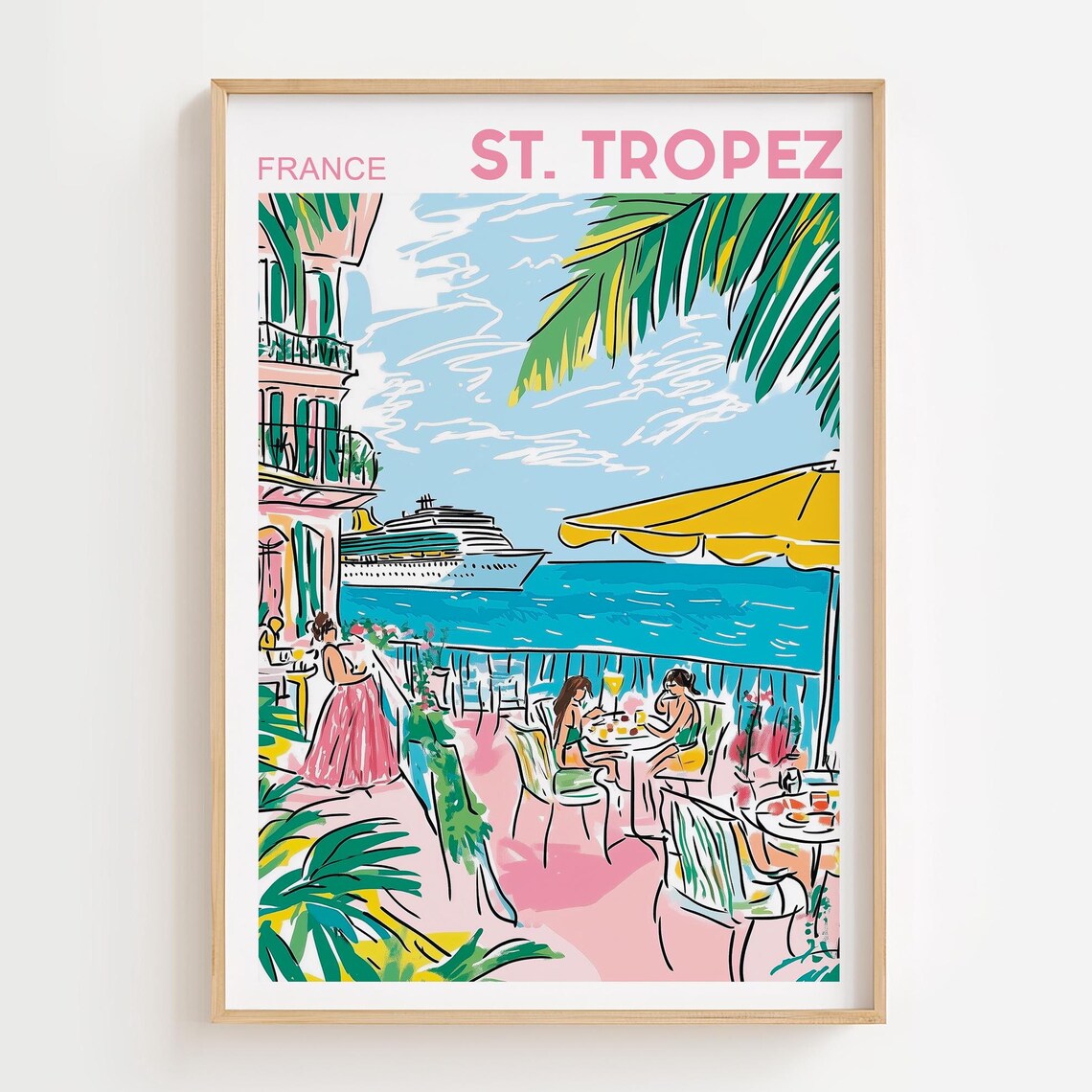 St Tropez France Riviera Terrace Cruise Ship Colorful Poster