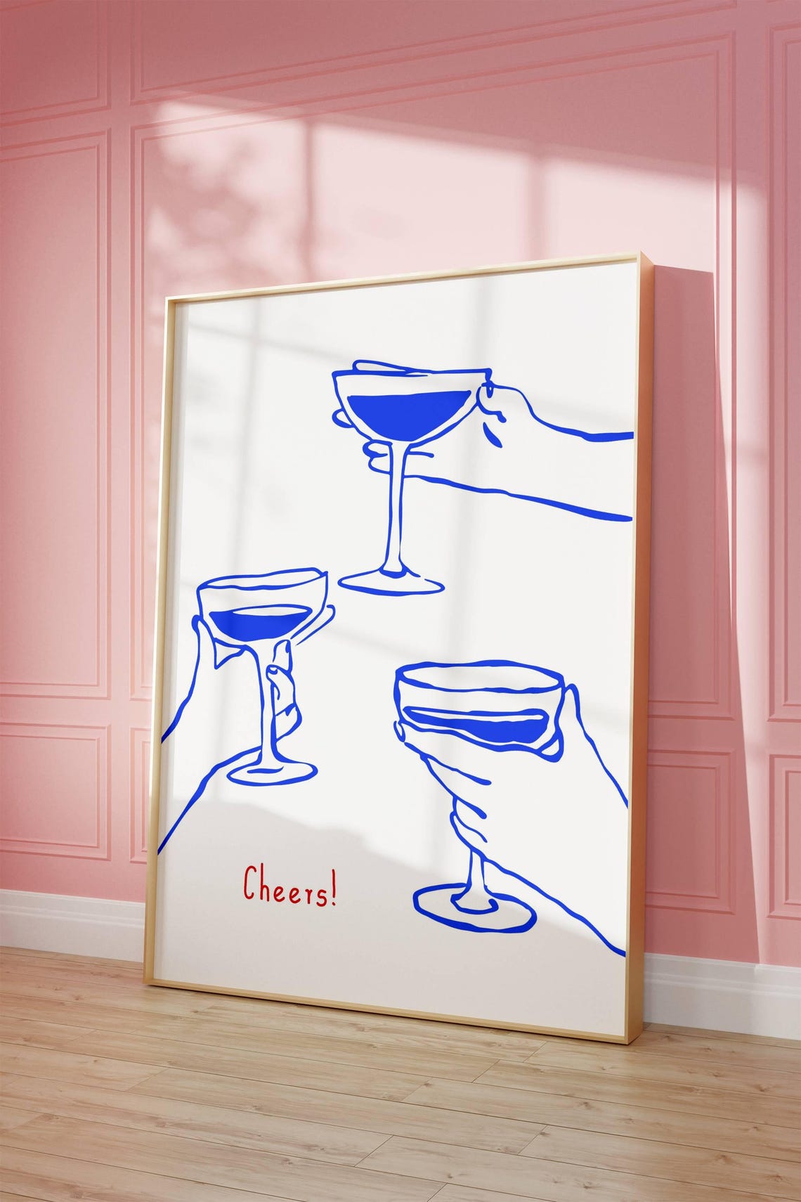 Cheers Fun Blue Line Art Cocktail Hands Minimalist Bar Cart Poster - Image 4
