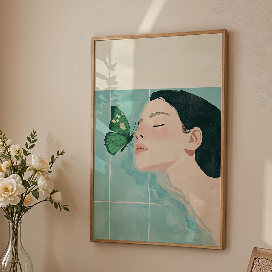 Abstract People Large Wall Art Woman Butterfly Light Bleu Minimalist Print Elegant For Cosy Home Decoration - Image 5