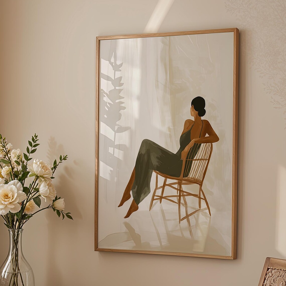 Woman In Silk Dress Sitting On Rattan Chair Sunlit Minimalist Interior Art Print - Image 3