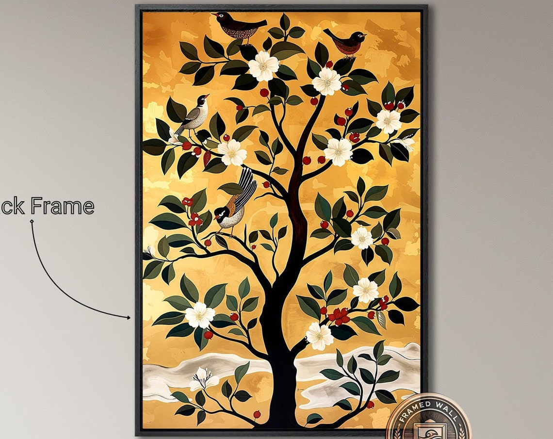 White Blossom Tree With Perched Birds On Gold Botanical Print