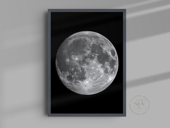 Full Moon Black And White Lunar Photography Celestial Night Sky Print