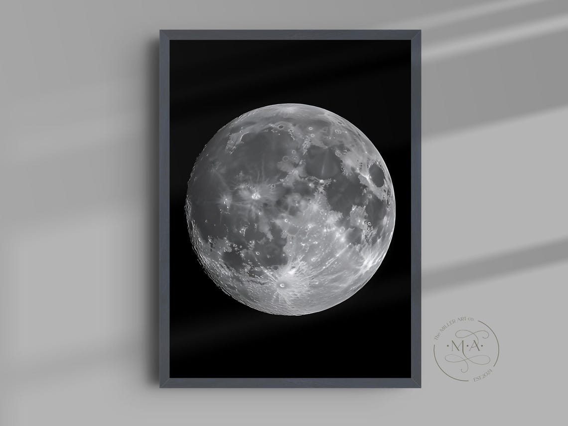 Full Moon Black And White Lunar Photography Celestial Night Sky Print