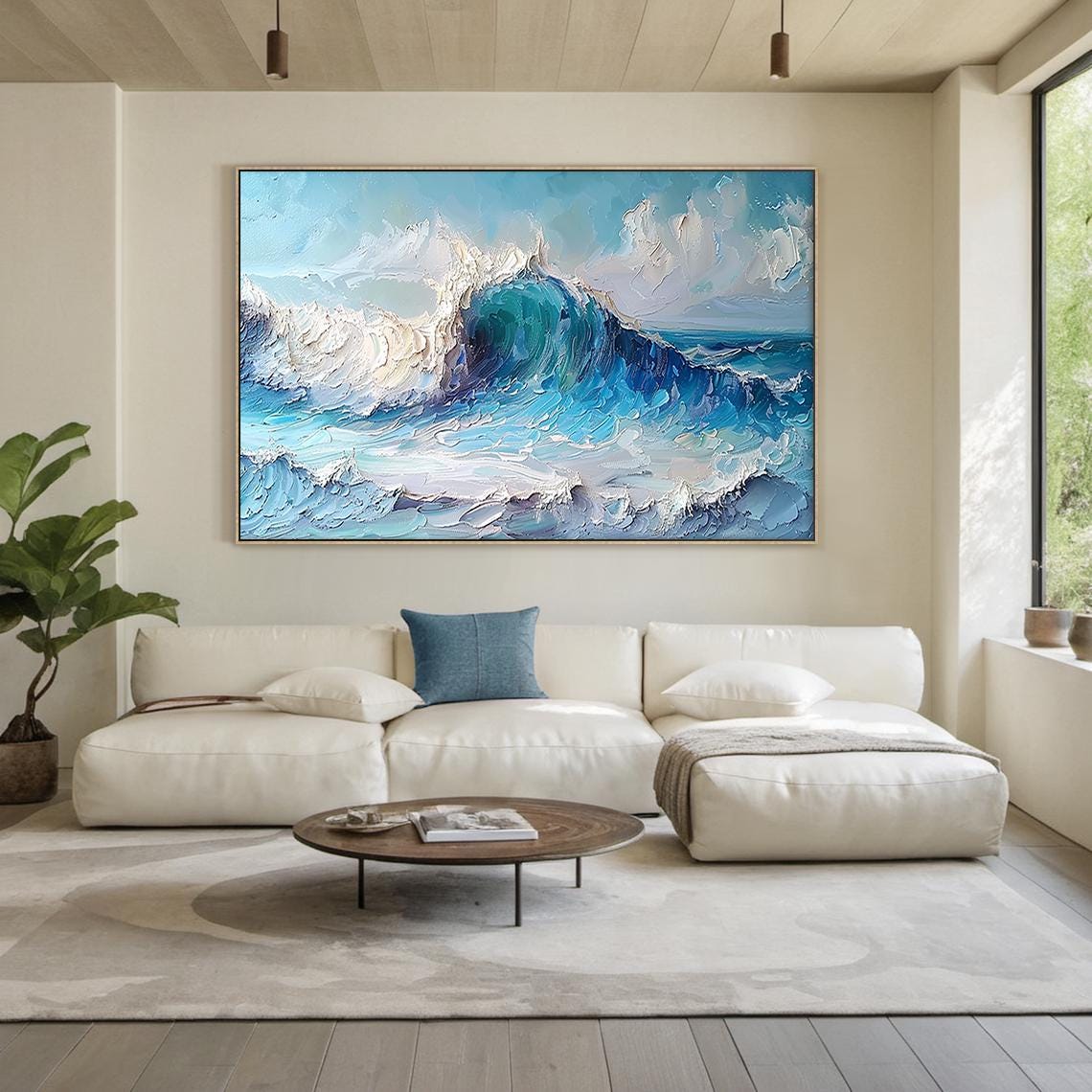Aqua Blue Ocean Curl Wave Impasto Textured Dramatic Seascape Poster - Image 2