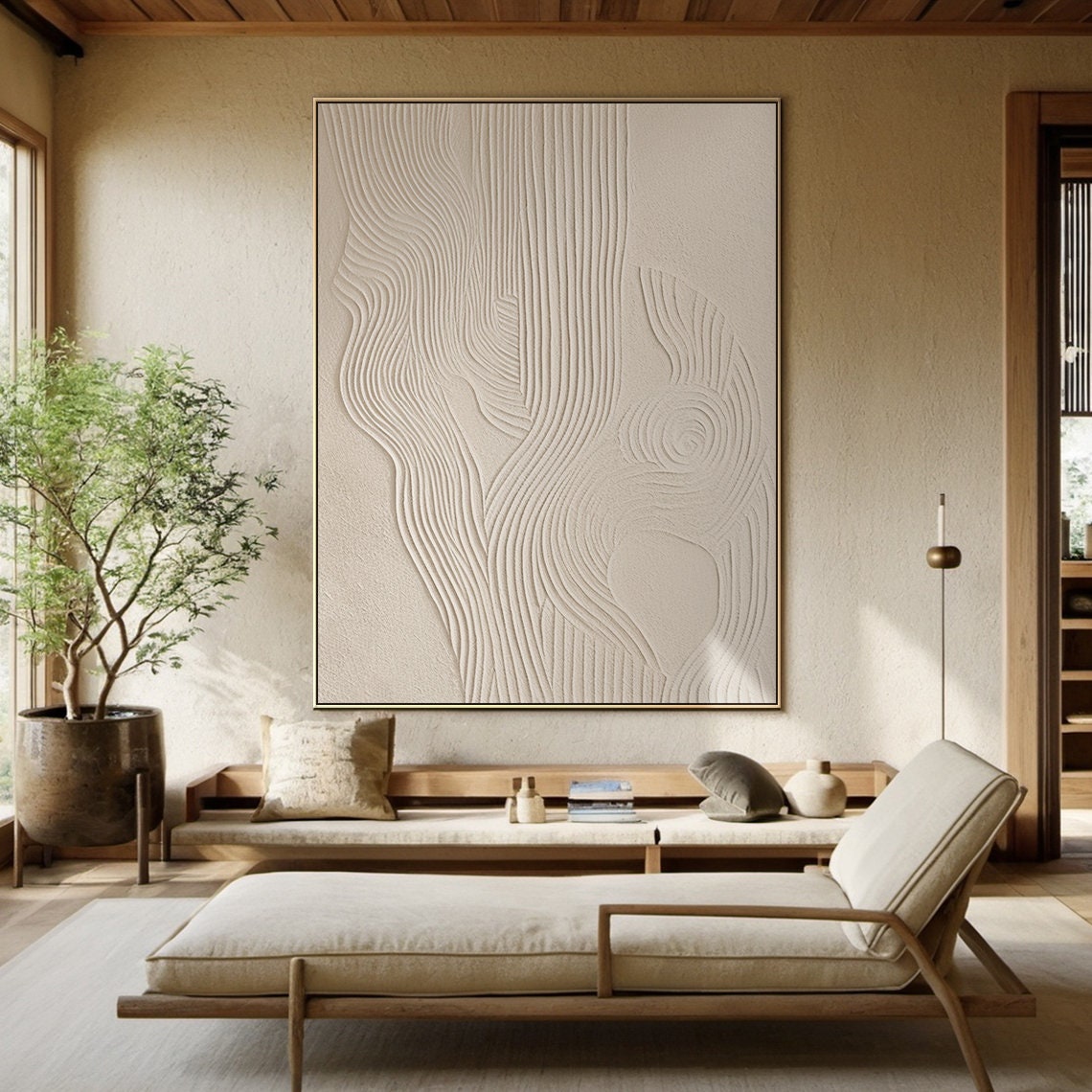 Cream Textured Abstract Wavy Lines Minimalist Plaster Art Poster - Image 5