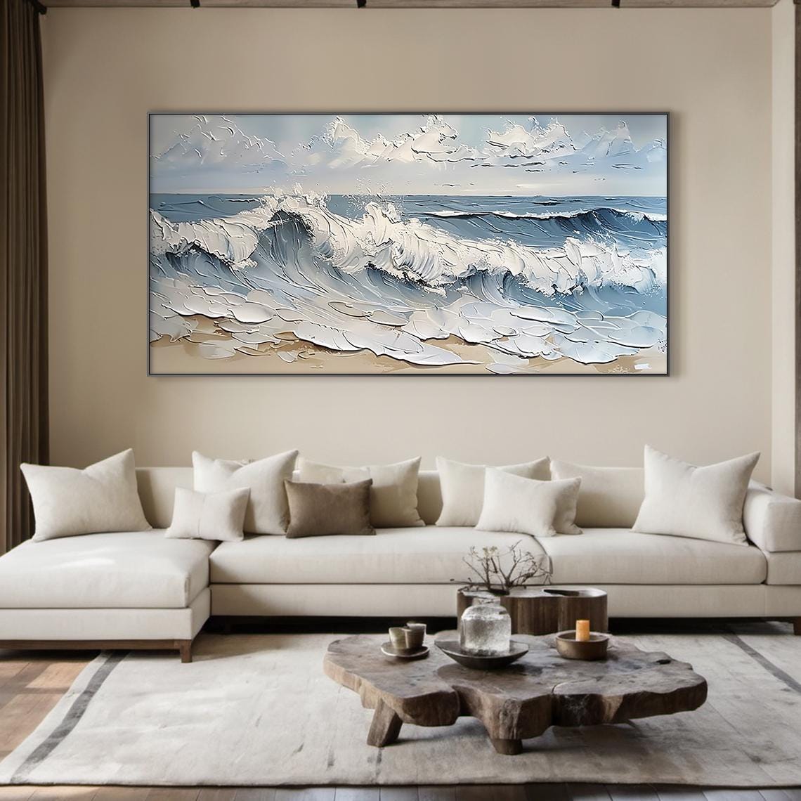 White Foam Ocean Wave Crashing Sandy Beach Textured Seascape Wall Art - Image 5