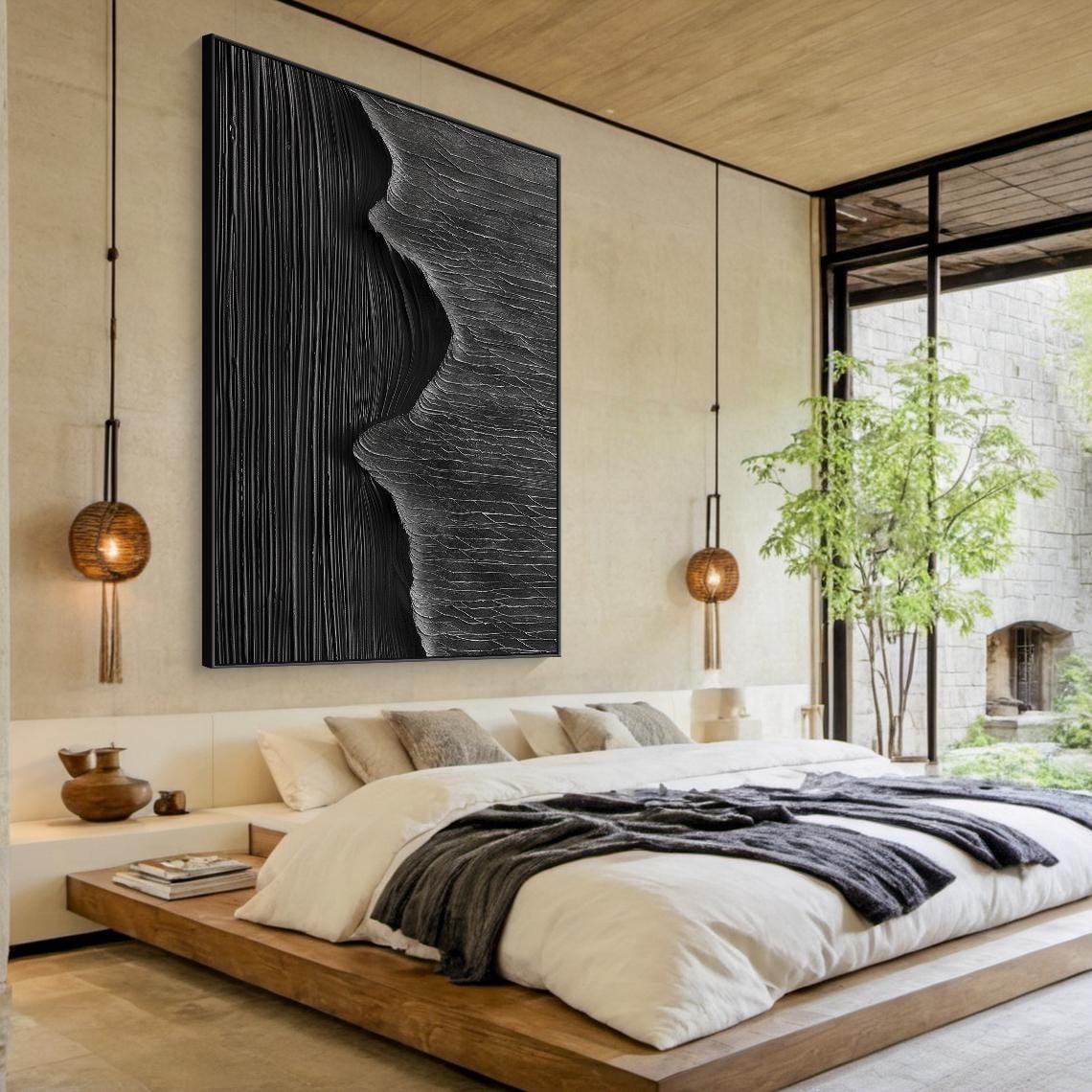 Black Carved Canyon Sculpture Abstract Dramatic Vertical Wall Art - Image 5
