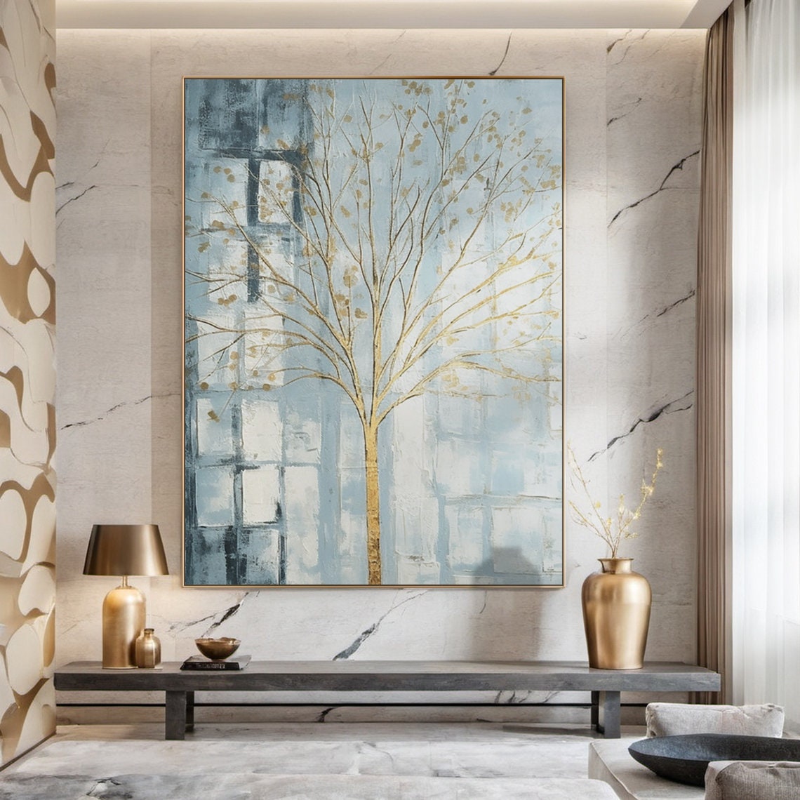 Gold Leaf Tree Pale Blue Textured Abstract Elegant Nature Poster - Image 4