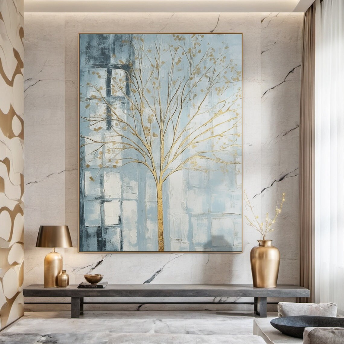 Large Original Blue Forest Painting 3d Abstract Texture Wall Painting Modern Living Room Art Natural Landscape Painting - Image 4