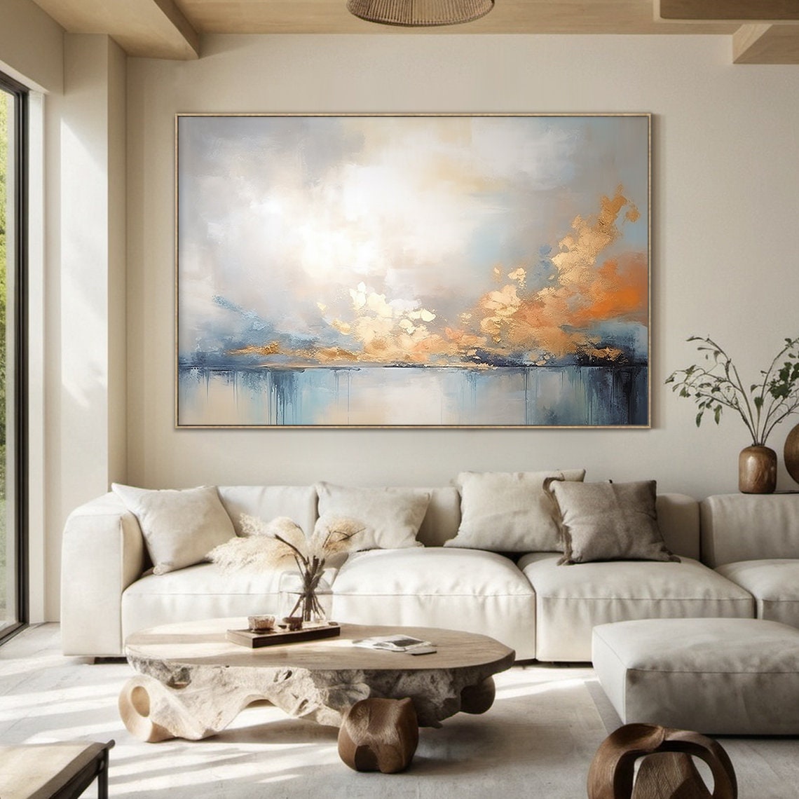 Gold and Blue Abstract Sunset Over Water Oil Painting Panoramic Poster