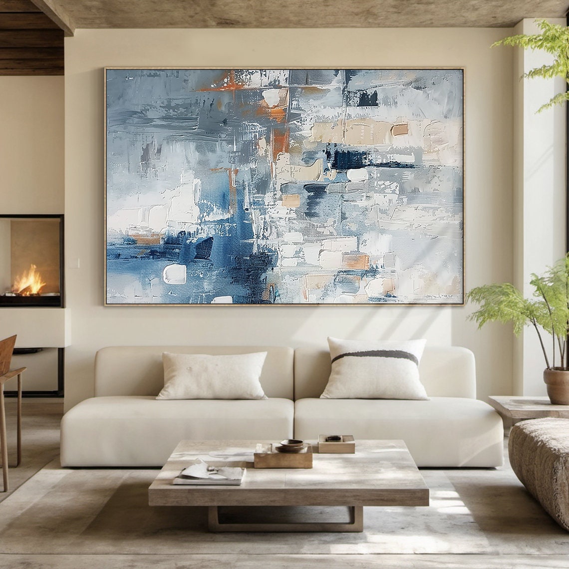 Blue Grey Abstract With Tan Block Shapes Textured Modern Poster - Image 3