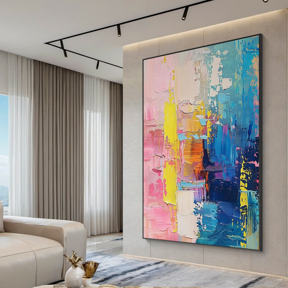 Pink Blue Yellow Bold Impasto Abstract Colorful Modern Art Poster - Image 4