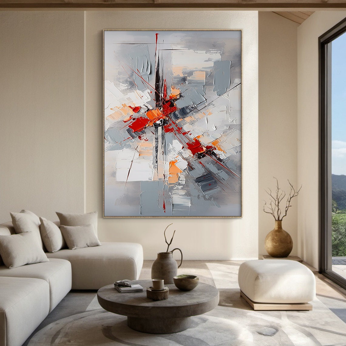 Grey White Red Abstract Burst Horizontal Panoramic Oil Painting Poster - Image 5