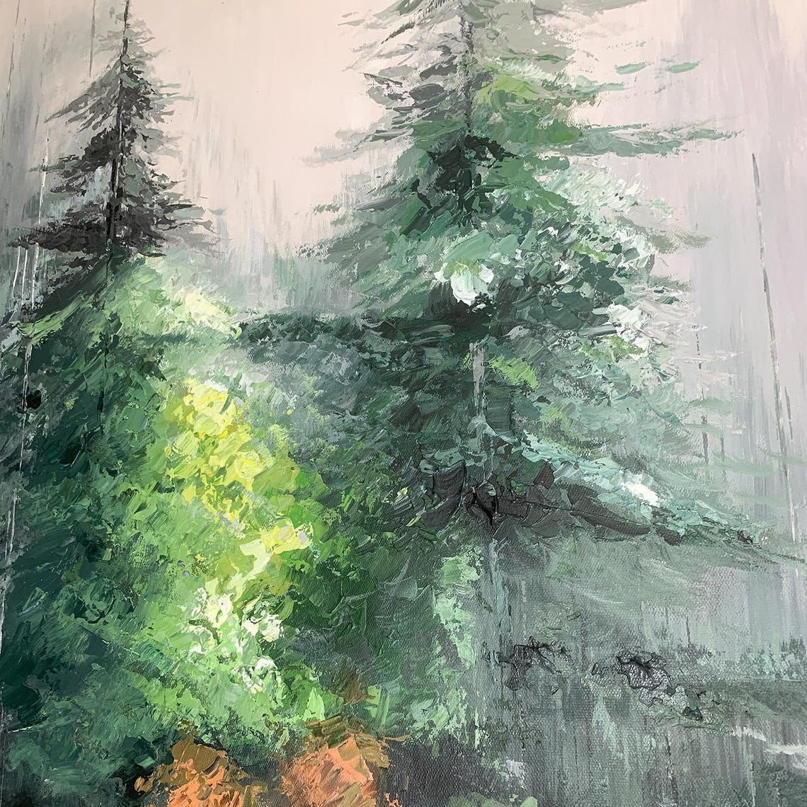 Misty Green Pine Forest Oil Painting Foggy Woodland Panoramic Poster - Image 5