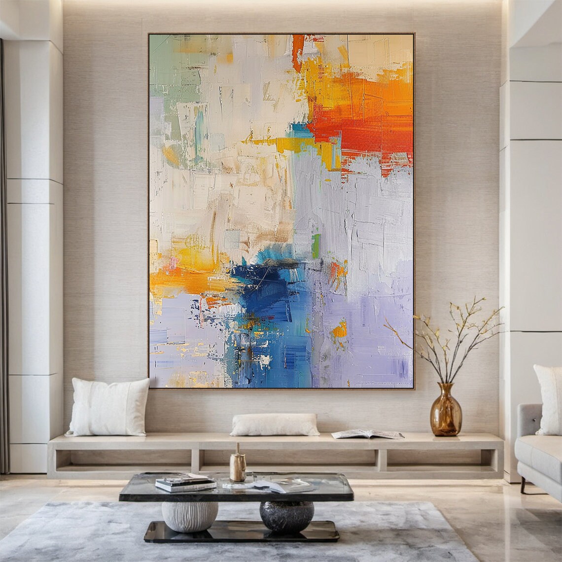 Orange Abstract Painting Modern Office Wall Art Wall Decoration Original Handmade Painting With Blue And Purple Accents