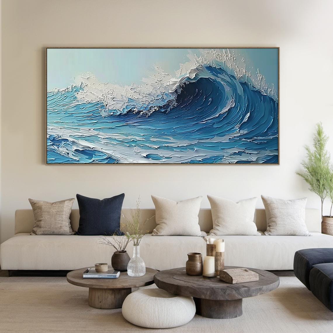Deep Blue Barrel Wave Impasto Textured Powerful Ocean Wall Art - Image 6