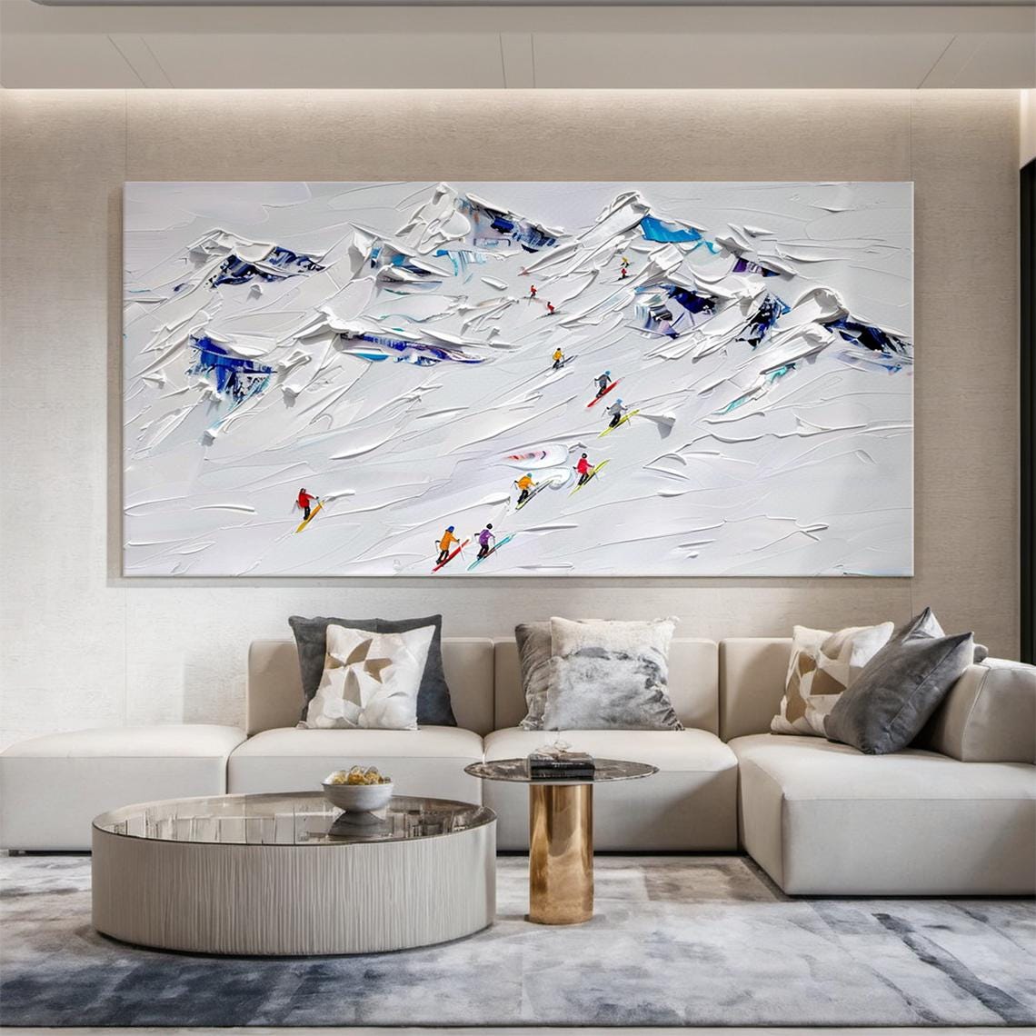 White Snow Mountain Ski Decoration Painting Original Skier Gift White Abstract Ski Art Modern Living Room Wall Decoration - Image 3