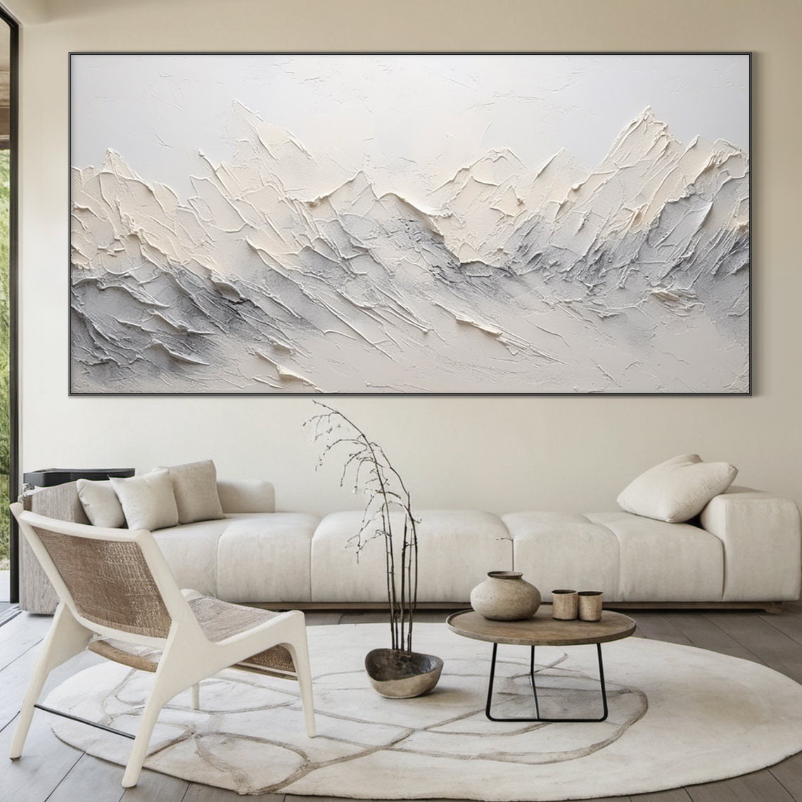 White Grey Mountain Peaks Impasto Painting Abstract Alpine Wall Art - Image 2