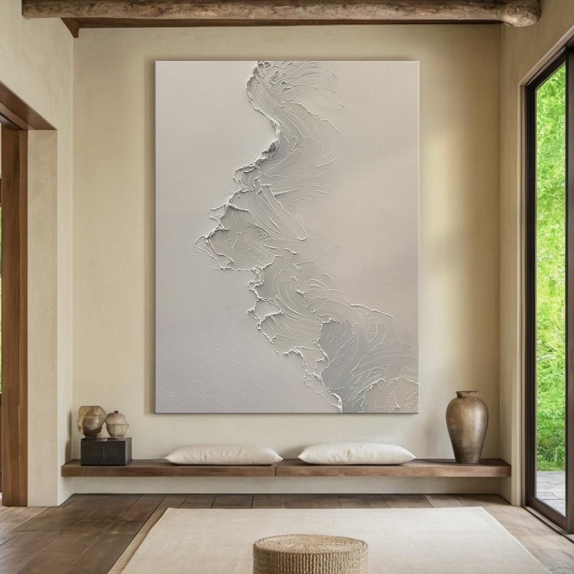 Beige Khaki Abstract Painting Wavy Shoreline Line Minimalist Wall Art
