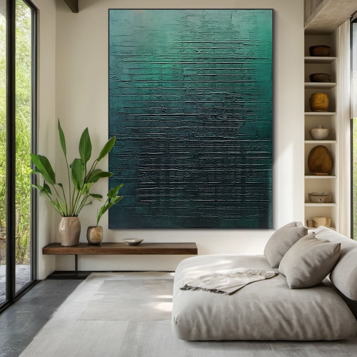 Dark Teal Green Abstract Texture Oil Painting Vertical Drips Poster - Image 2