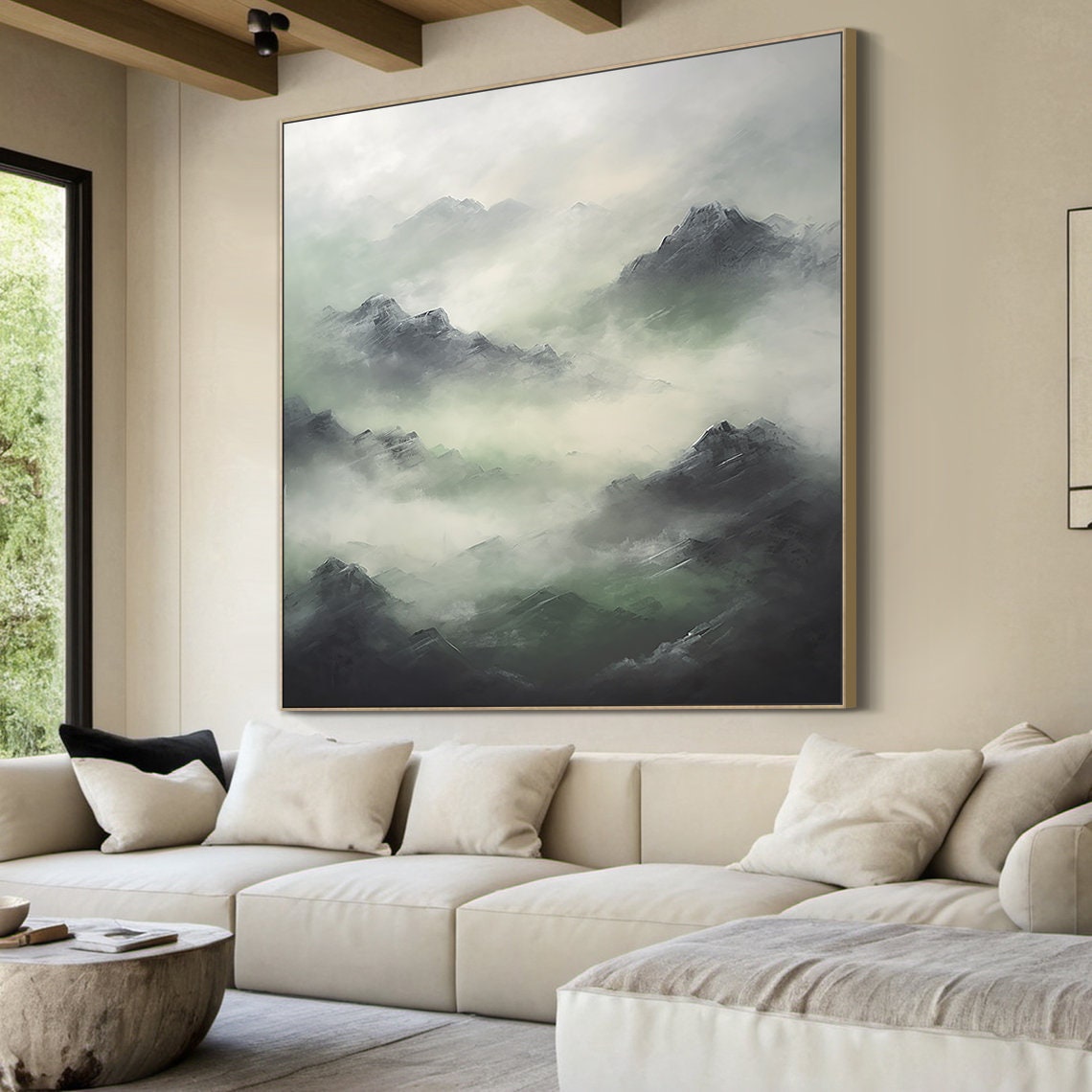 Large Green Mountains Abstract Oil Painting White Misty Mountains Landscape Painting Modern Nature Living Room Bedroom Art - Image 3