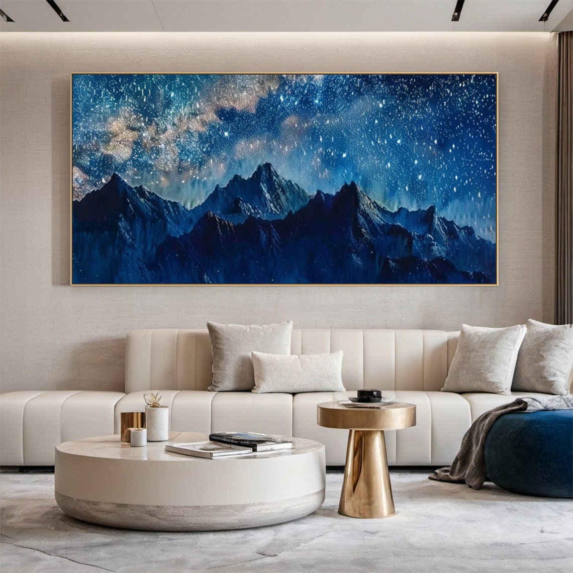Mountain Starry Sky Painting Large Blue Night Scene Oil Painting Blue Wall Decoration Art Modern Natural Living Room Decoration - Image 2