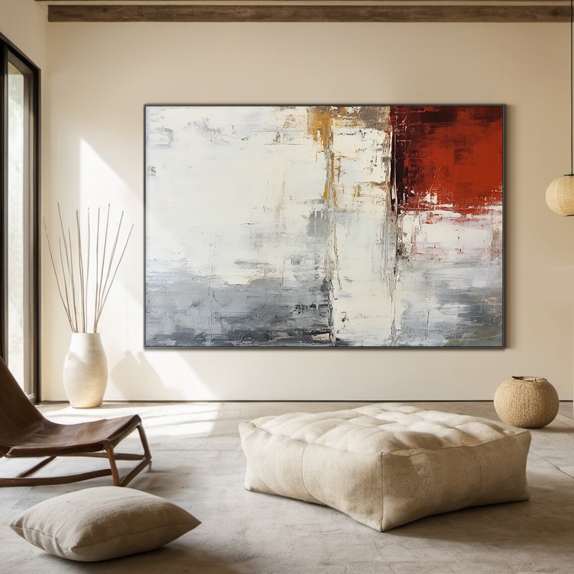 White And Grey Wabi Sabi Wall Decor Art Grey And White Abstract Art Large Red Textured Painting Home Decor