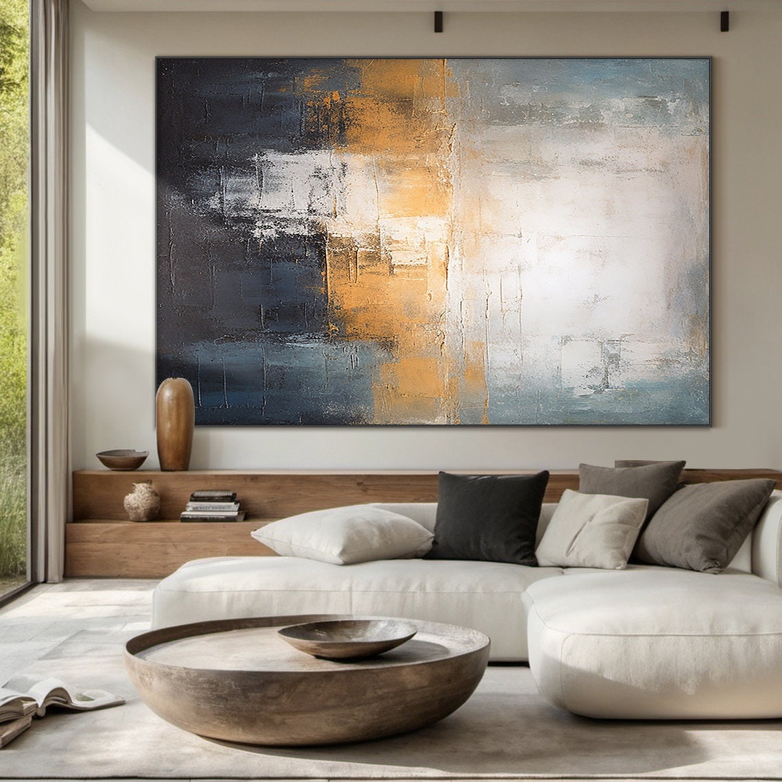 Gold Blue White Abstract Oil Painting Sunset Glow Vertical Wall Poster - Image 2