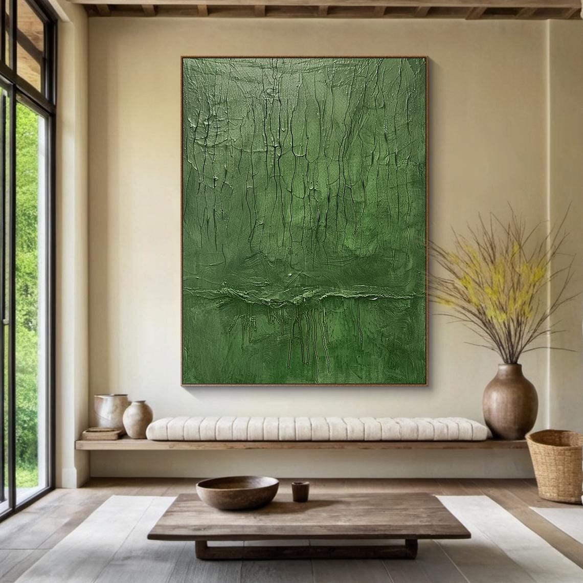 Green Textured Abstract Painting Drip Art Modern Wall Decor Poster