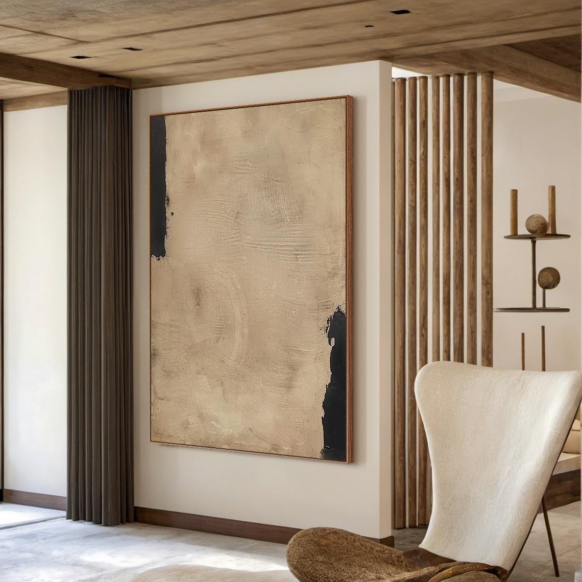 Sandy Beige Minimalist Abstract Painting Black Accent Modern Wall Art - Image 4