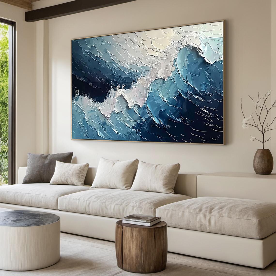Dark Navy Storm Wave Crashing Impasto Moody Ocean Seascape Wall Art - Image 2