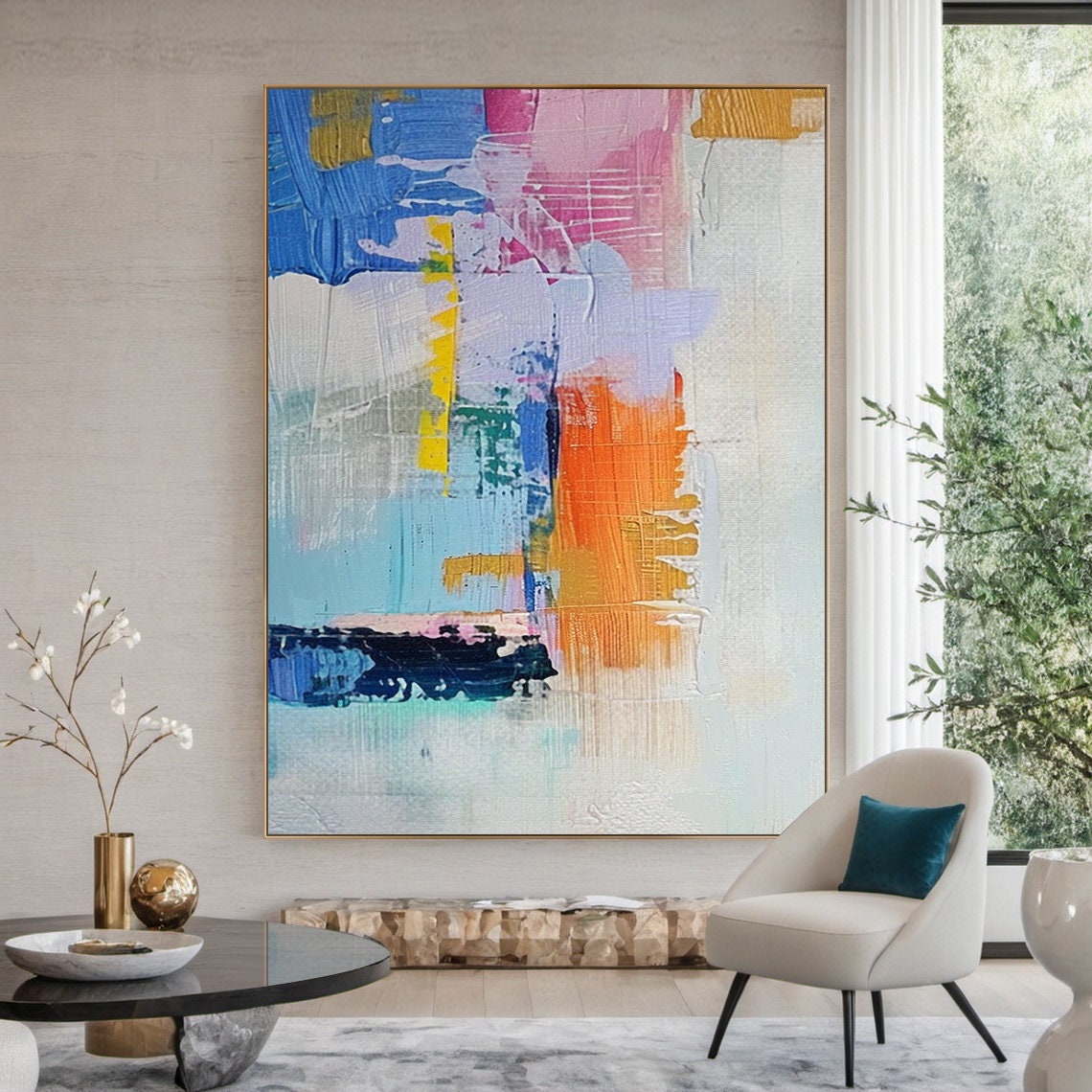 Colorful Abstract Blocks Blue Pink Orange Modern Painted Poster