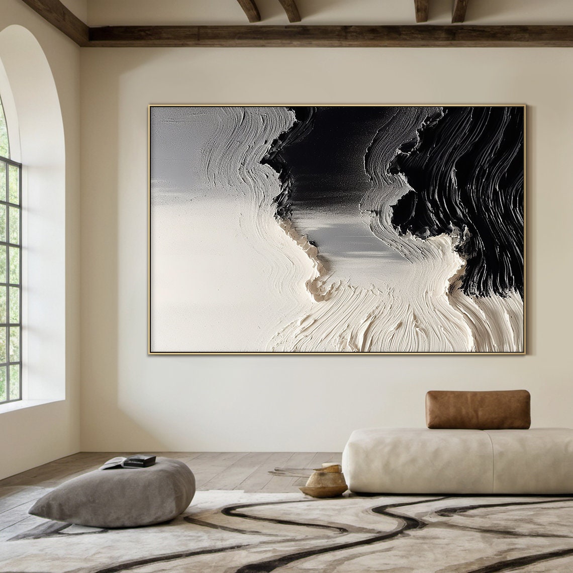 Black White Dramatic Impasto Wave 3D Textured Abstract Ocean Wall Art - Image 3