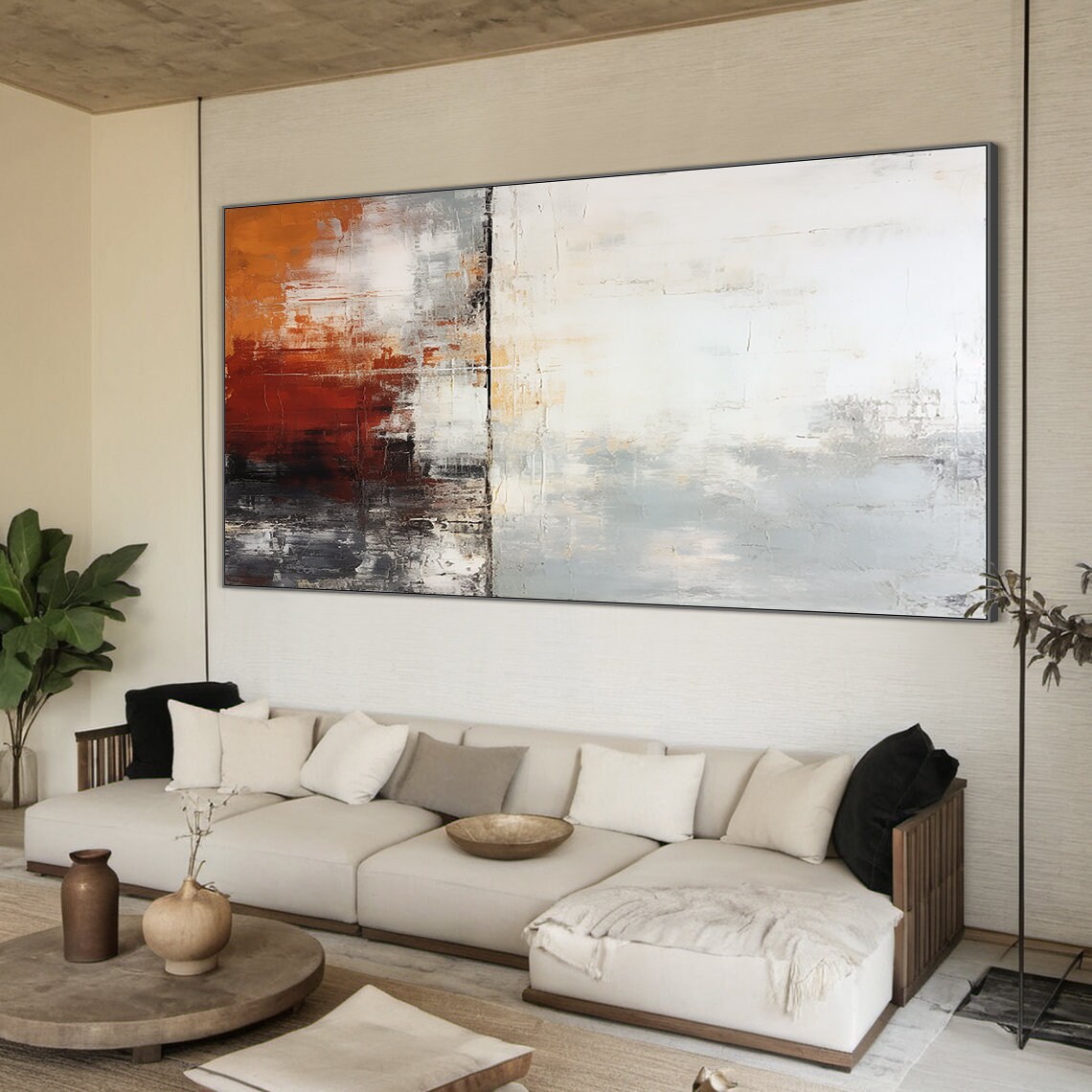 White And Grey Wabi Sabi Wall Decor Art White Abstract Art Large Burgundy Textured Handmade Painting Modern Stylish Wall Decor - Image 3