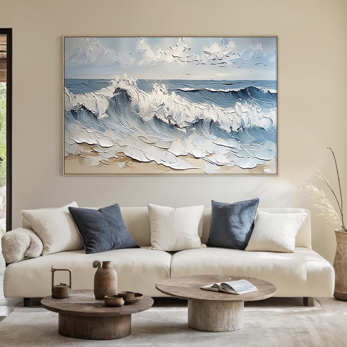White Foam Ocean Wave Crashing Sandy Beach Textured Seascape Wall Art - Image 3
