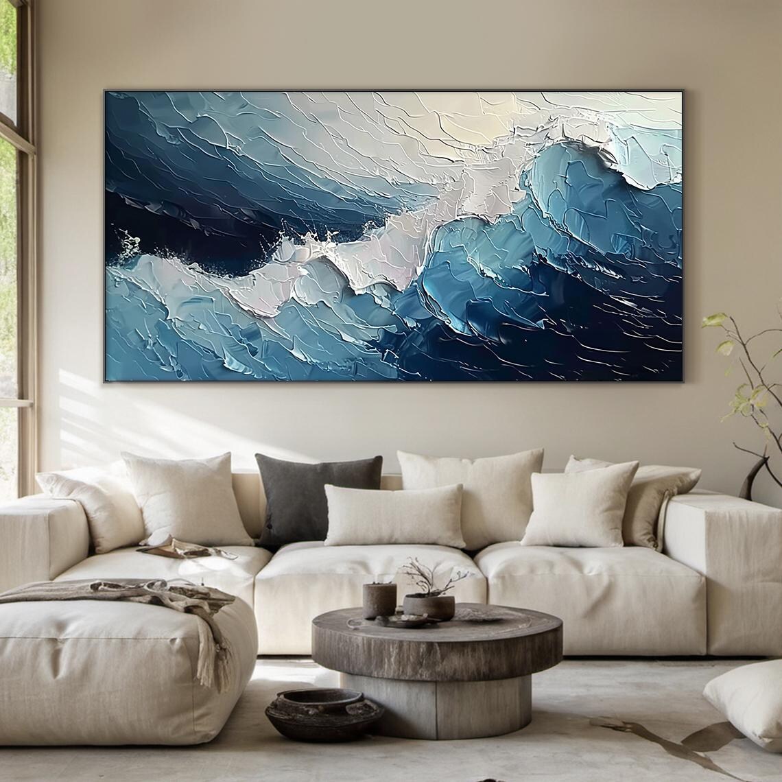 Dark Navy Storm Wave Crashing Impasto Moody Ocean Seascape Wall Art - Image 5