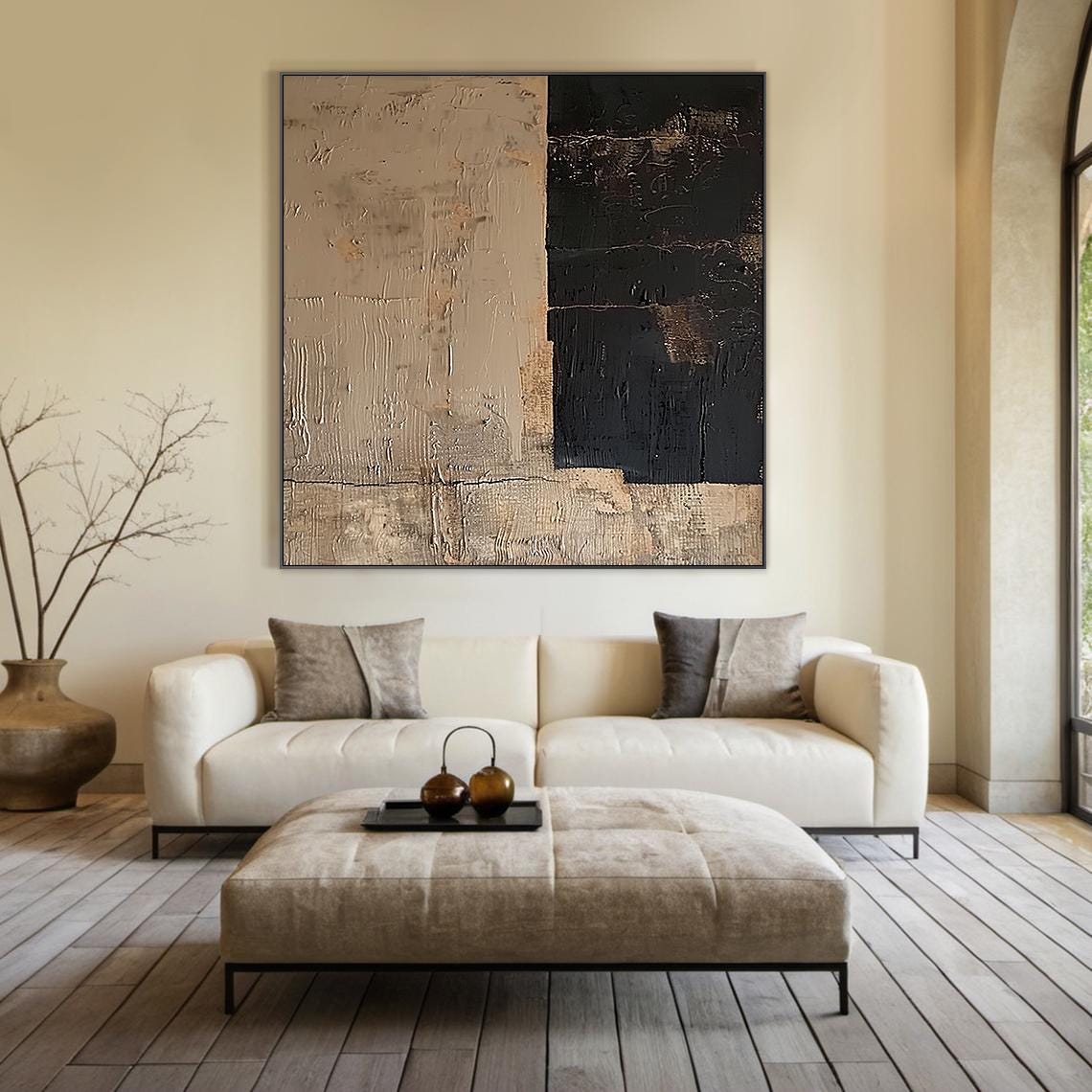 Beige Black Split Panel Wabi Sabi Abstract Texture Oil Painting Poster - Image 4