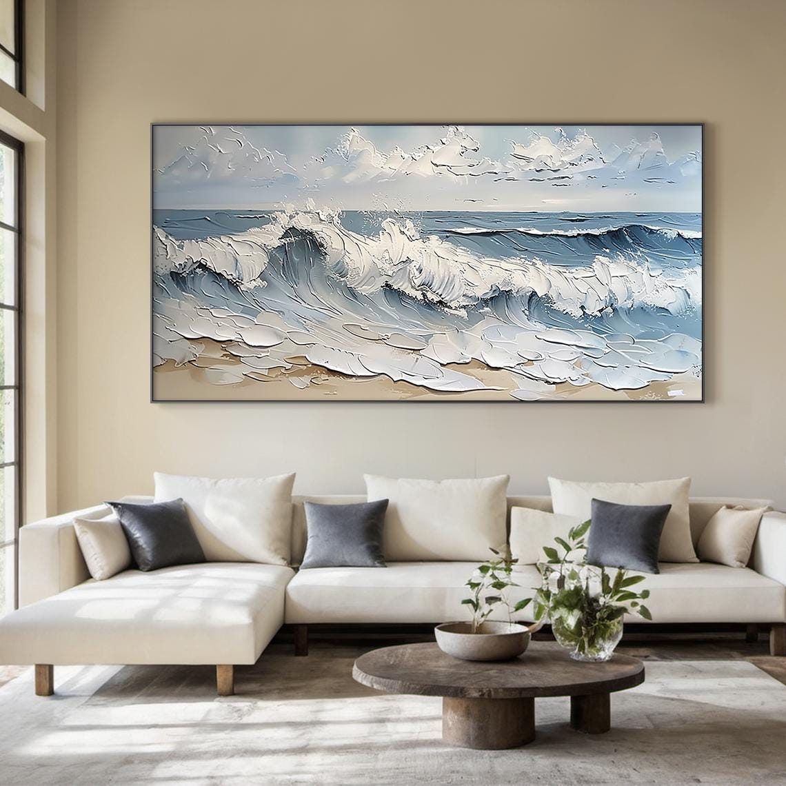 White Foam Ocean Wave Crashing Sandy Beach Textured Seascape Wall Art