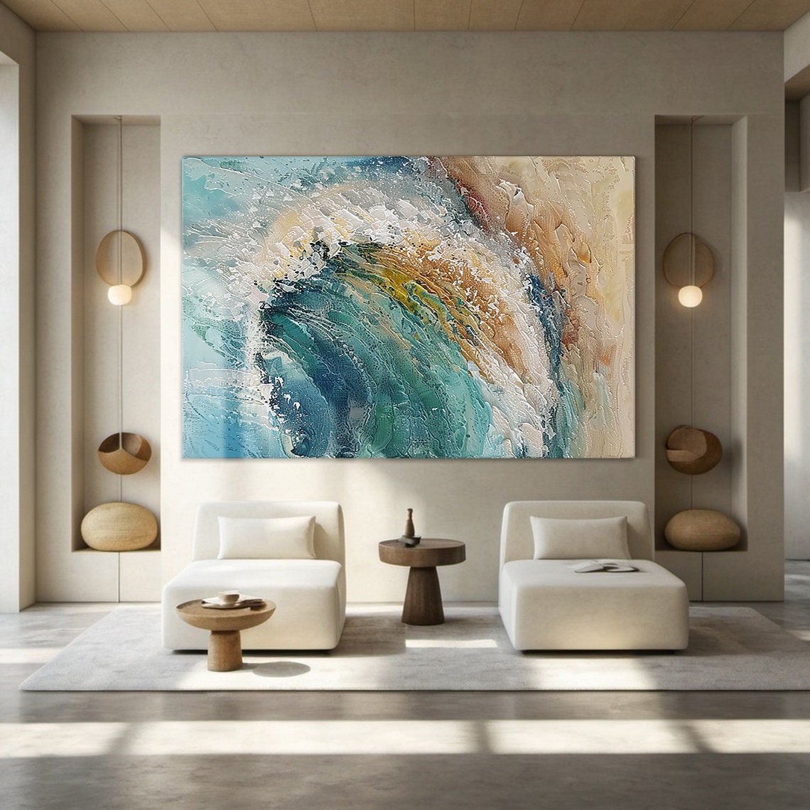 Teal Ocean Wave Painting Gold Sand Impasto Abstract Textured Wall Art - Image 5