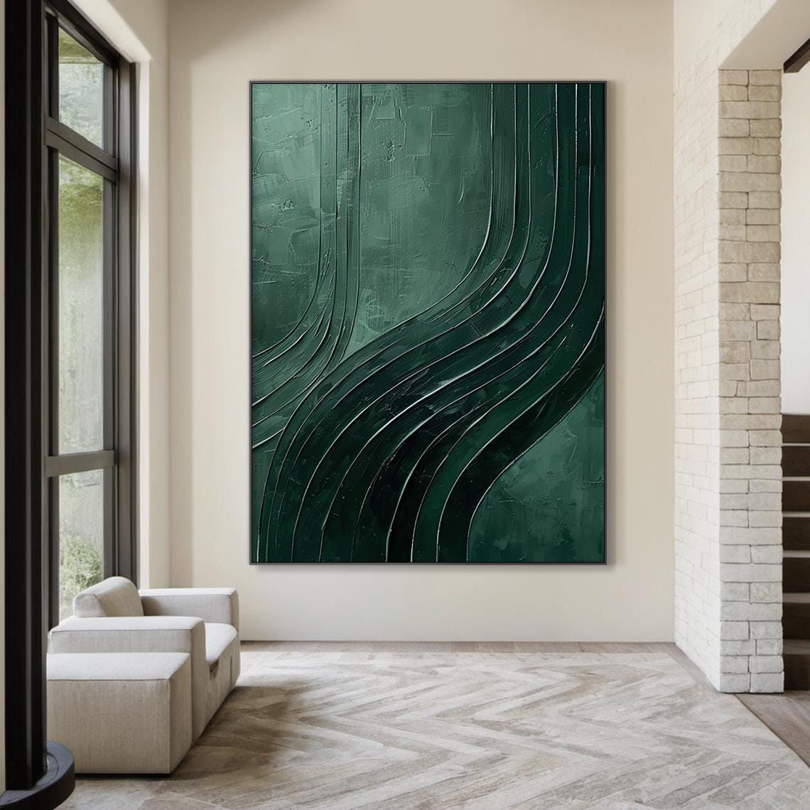 Emerald Green Flowing Curved Lines Minimal Abstract Living Room Poster - Image 6