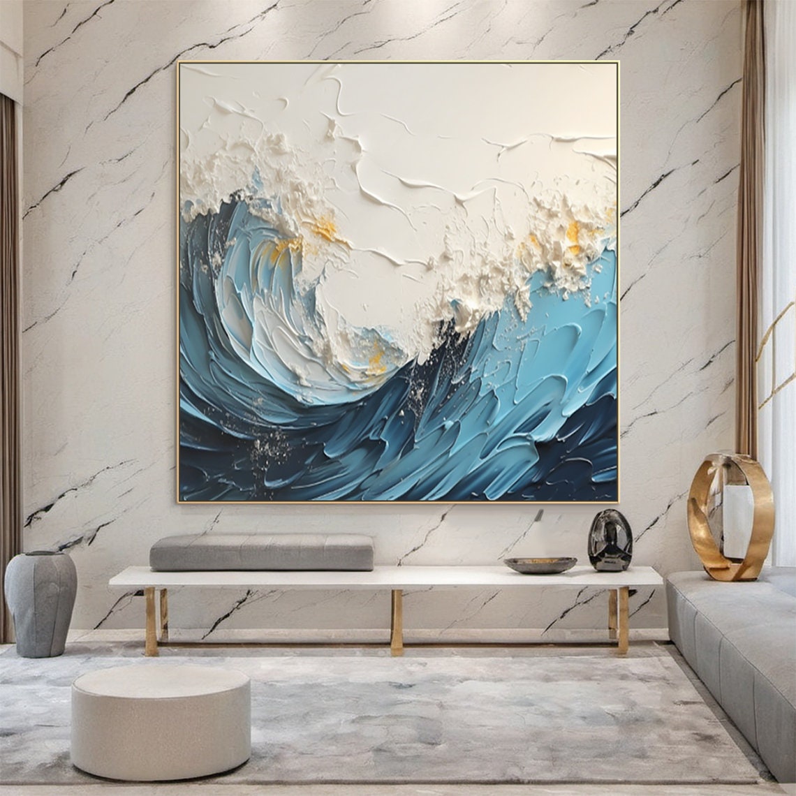 Blue Ocean Wave Impasto Texture Abstract Seascape Canvas Poster