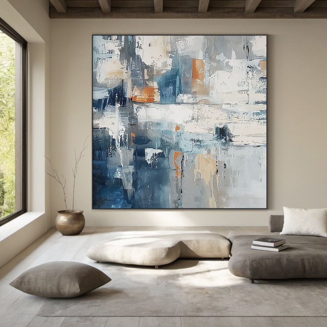Blue Grey Abstract With Terracotta Blocks Textured Modern Poster - Image 5