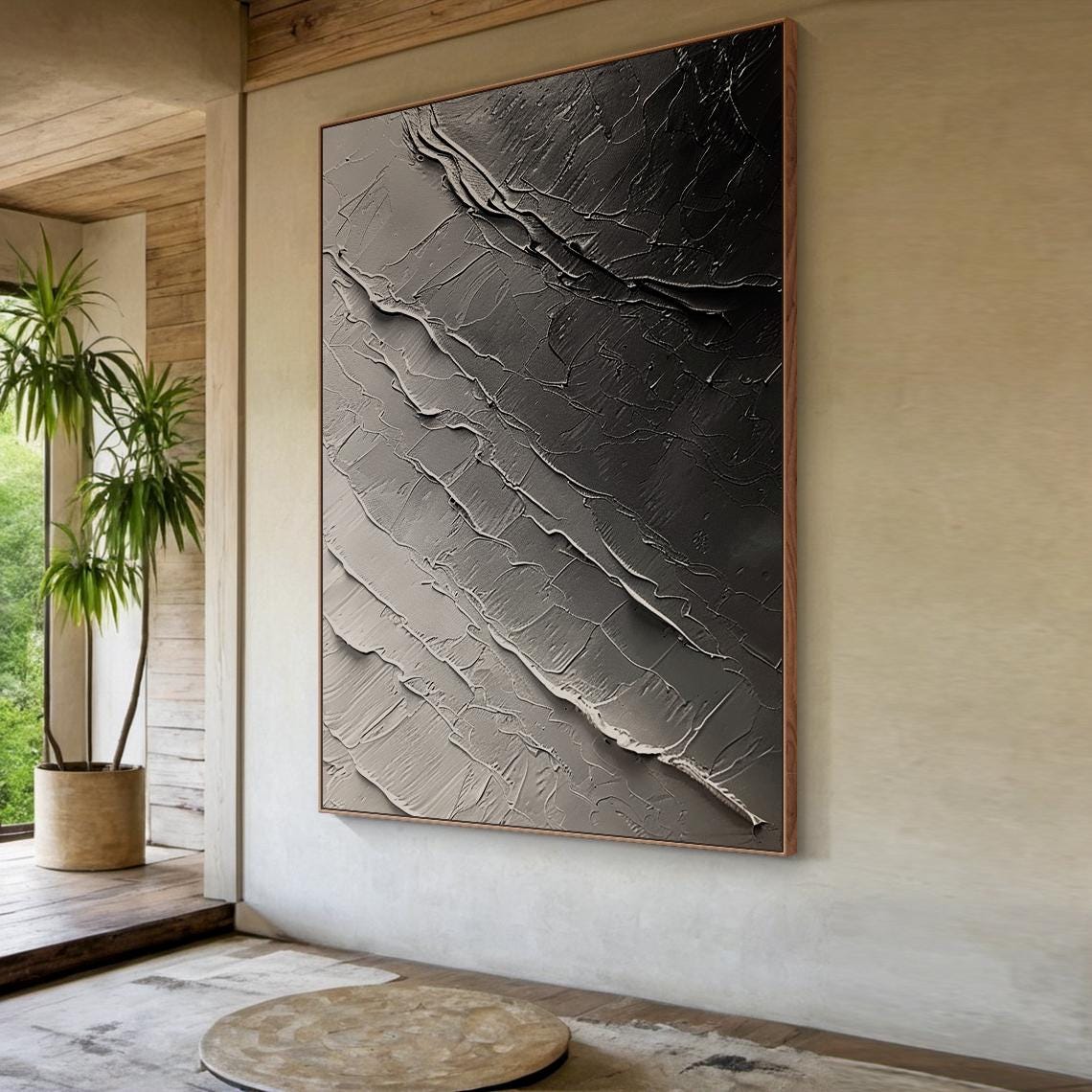 Grey Monochrome Diagonal Ridge Texture Abstract Moody Minimal Wall Art - Image 3