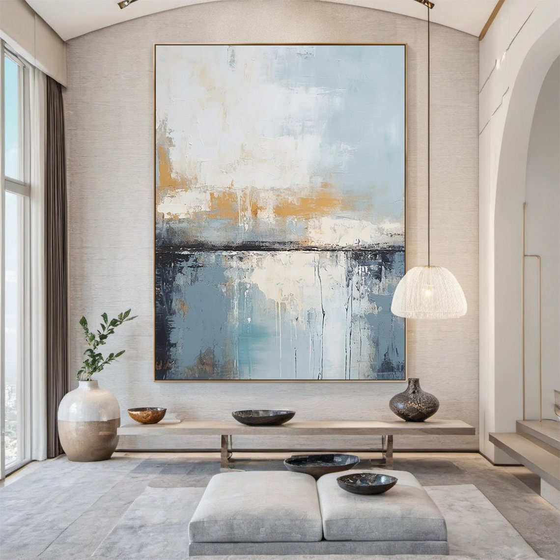 Blue Grey White Abstract Gold Band Textured Sea Sky Painting Wall Art