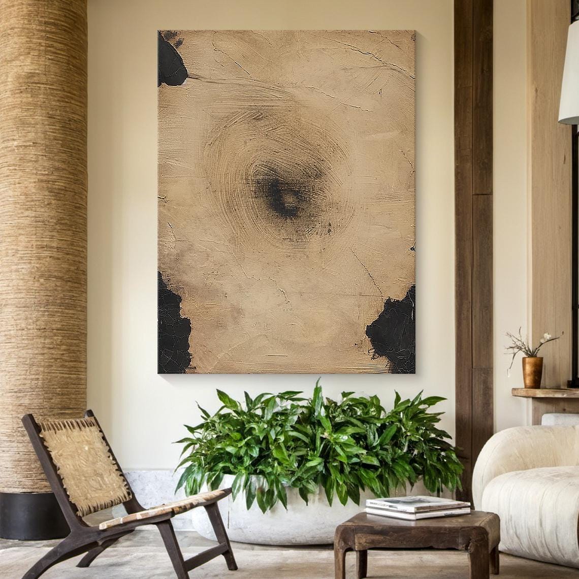 Tan Brown Abstract Painting Circular Brushwork Black Modern Wall Art - Image 6